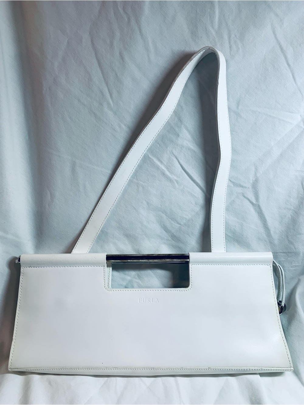 Furla White Genuine Leather Convertible Shoulder Clutch Bag Made in Italy